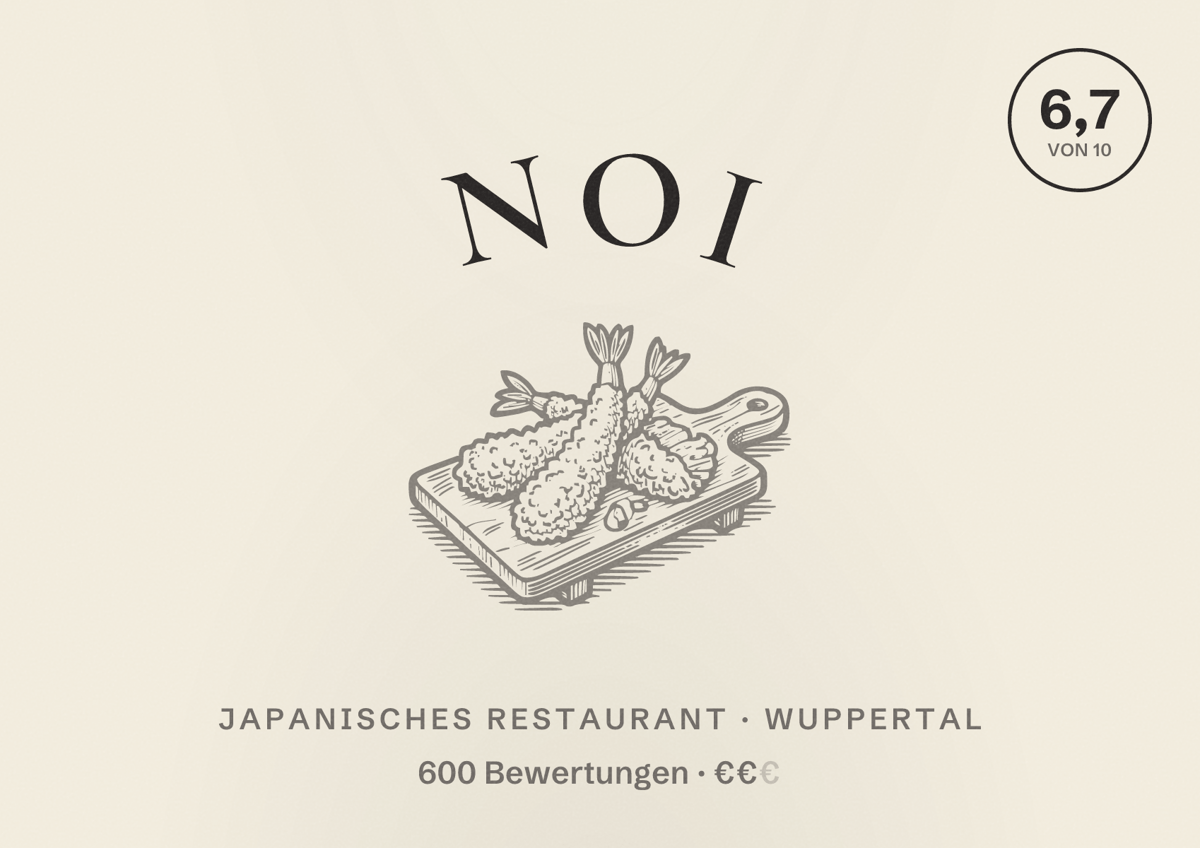 Illustriertes Poster von NOI, Japanisches Restaurant in Wuppertal: Bewertung 6,7 von 10 aus 600 Bewertungen, Preisniveau €€