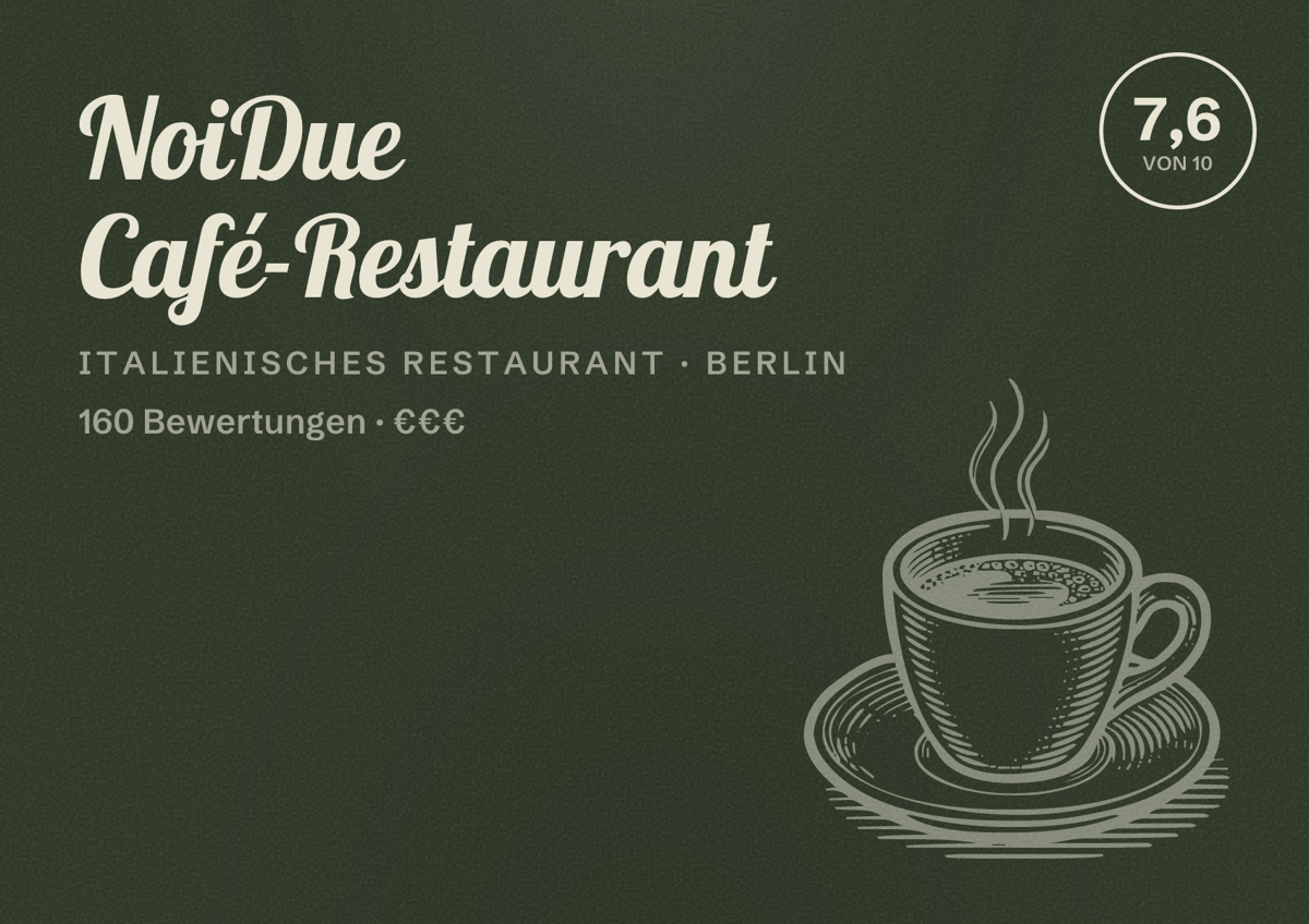 Illustriertes Poster von NoiDue Café-Restaurant, Italienisches Restaurant in Berlin: Bewertung 7,6 von 10 aus 160 Bewertungen, Preisniveau €€€