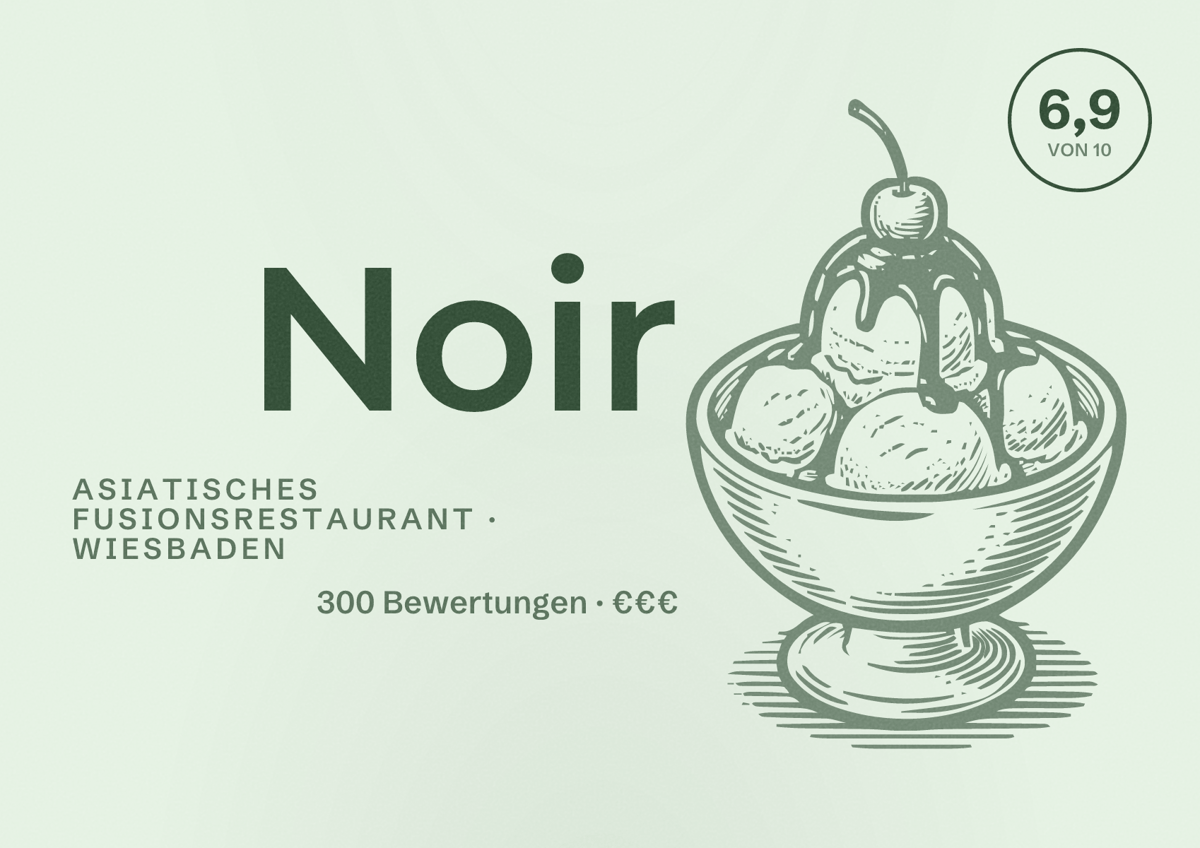 Illustriertes Poster von Noir, Asiatisches Fusionsrestaurant in Wiesbaden: Bewertung 6,9 von 10 aus 300 Bewertungen, Preisniveau €€€