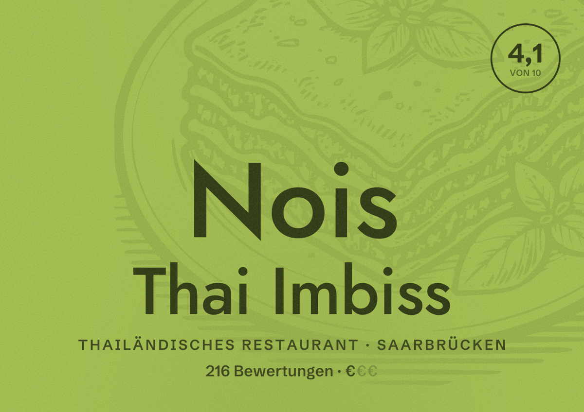 Illustriertes Poster von Nois Thai Imbiss, Thailändisches Restaurant in Saarbrücken: Bewertung 4,1 von 10 aus 216 Bewertungen, Preisniveau €