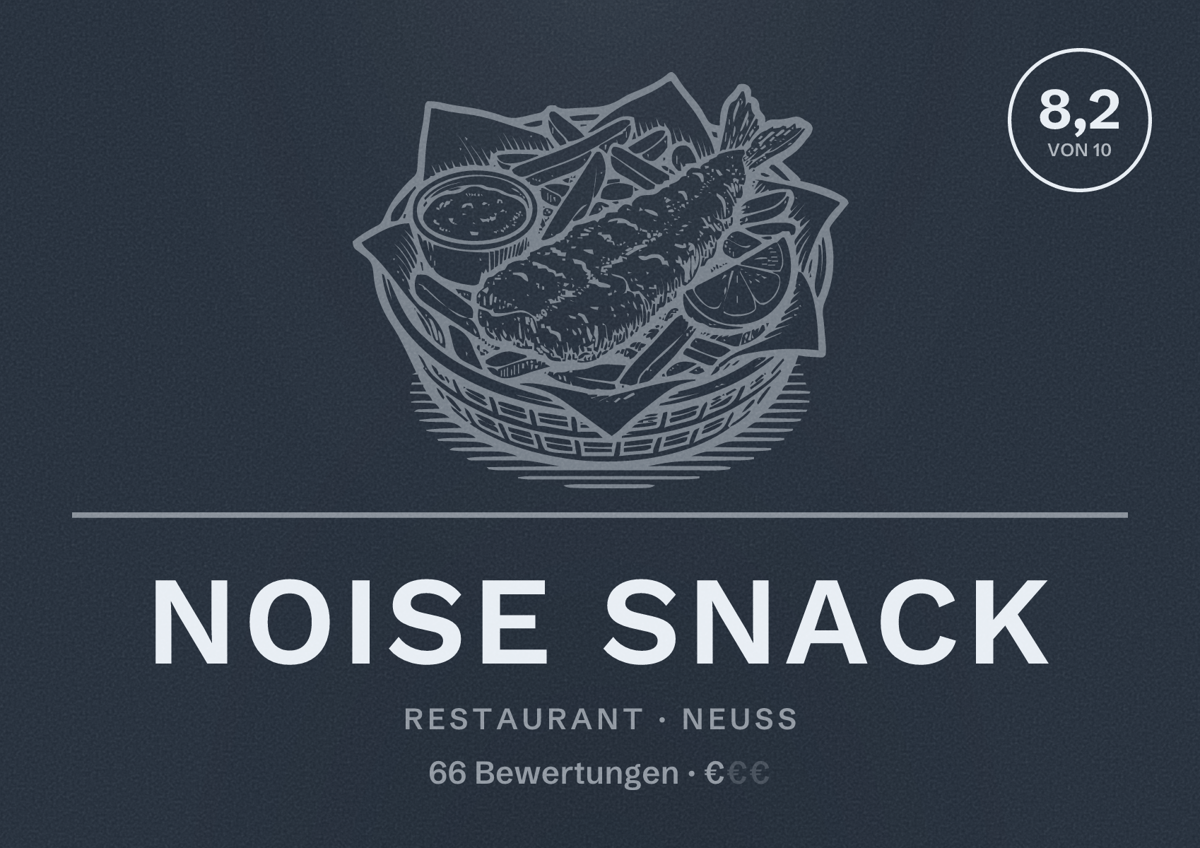 Illustriertes Poster von Noise Snack, Restaurant in Neuss: Bewertung 8,2 von 10 aus 66 Bewertungen, Preisniveau €