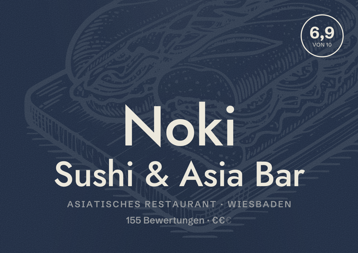 Illustriertes Poster von Noki Sushi & Asia Bar, Asiatisches Restaurant in Wiesbaden: Bewertung 6,9 von 10 aus 155 Bewertungen, Preisniveau €€