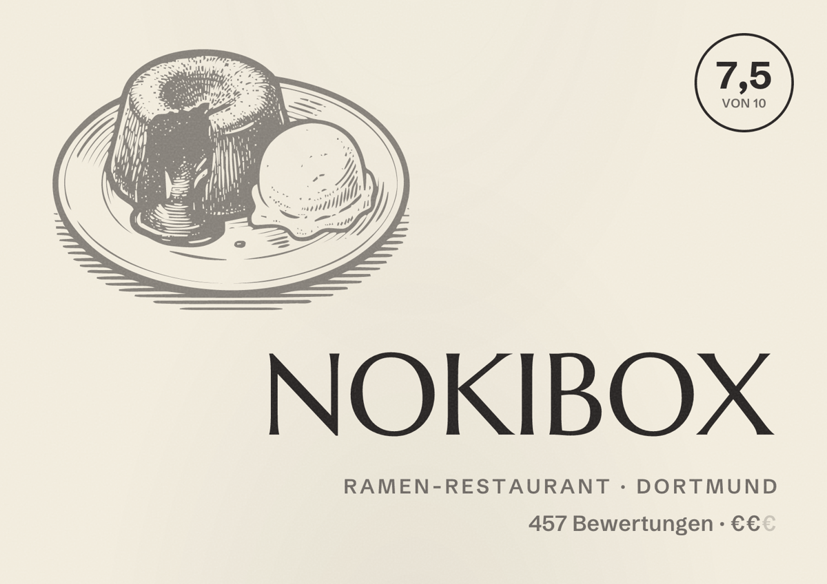 Illustriertes Poster von NOKIBOX, Ramen-Restaurant in Dortmund: Bewertung 7,5 von 10 aus 457 Bewertungen, Preisniveau €€