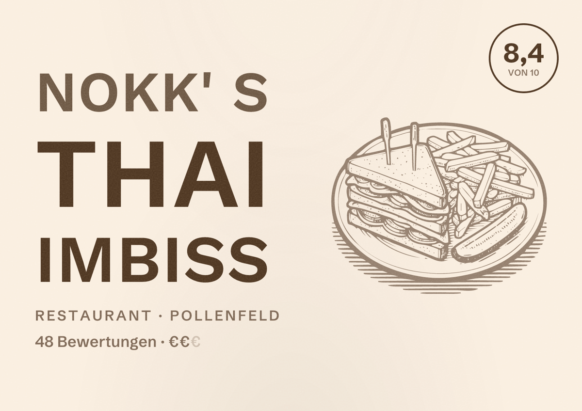 Illustriertes Poster von Nokk' s Thai Imbiss, Restaurant in Pollenfeld: Bewertung 8,4 von 10 aus 48 Bewertungen, Preisniveau €€