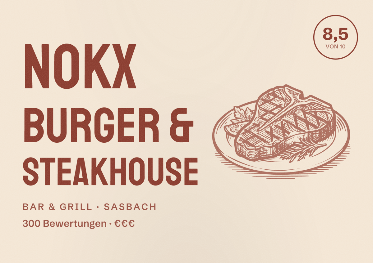 Illustriertes Poster von NOKX Burger & Steakhouse, Bar & Grill in Sasbach: Bewertung 8,5 von 10 aus 300 Bewertungen, Preisniveau €€€