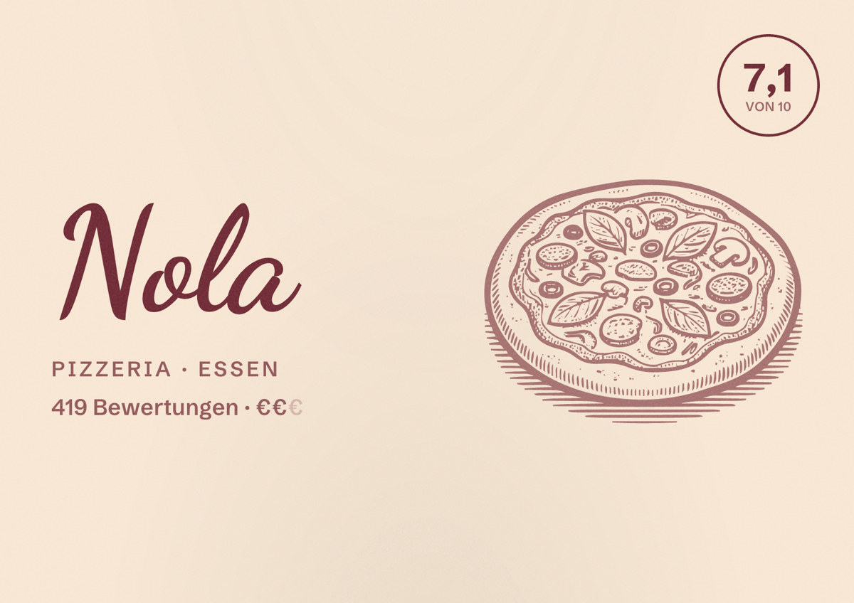 Illustriertes Poster von Nola, Pizzeria in Essen: Bewertung 7,1 von 10 aus 419 Bewertungen, Preisniveau €€
