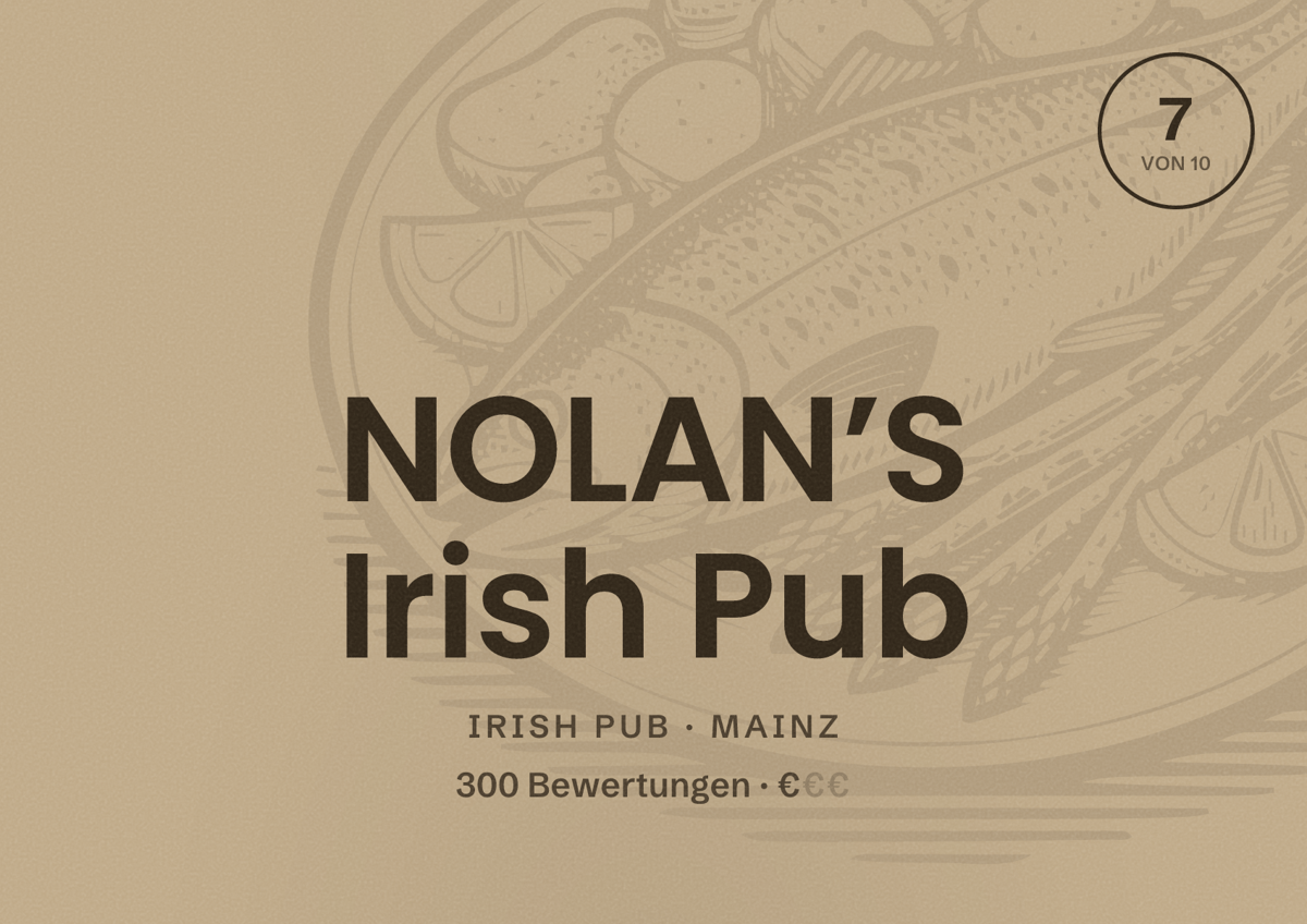 Illustriertes Poster von NOLAN’S Irish Pub, Irish Pub in Mainz: Bewertung 7 von 10 aus 300 Bewertungen, Preisniveau €