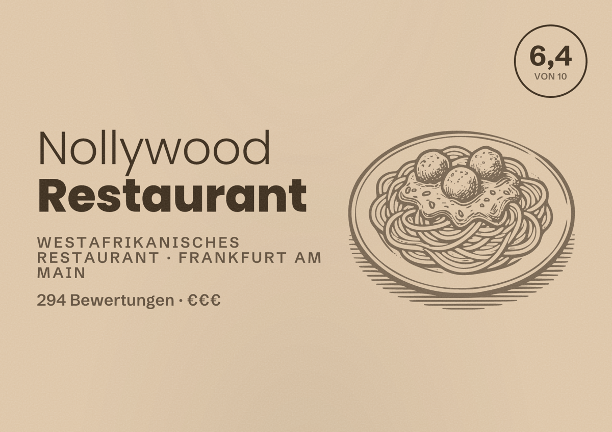 Illustriertes Poster von Nollywood Restaurant, Westafrikanisches Restaurant in Frankfurt am Main: Bewertung 6,4 von 10 aus 294 Bewertungen, Preisniveau €€€