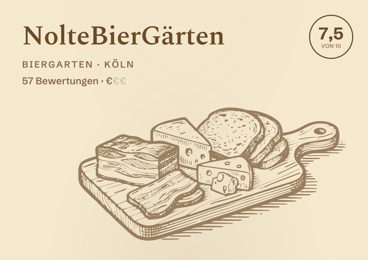 Illustriertes Poster von NolteBierGärten, Biergarten in Köln: Bewertung 7,5 von 10 aus 57 Bewertungen, Preisniveau €