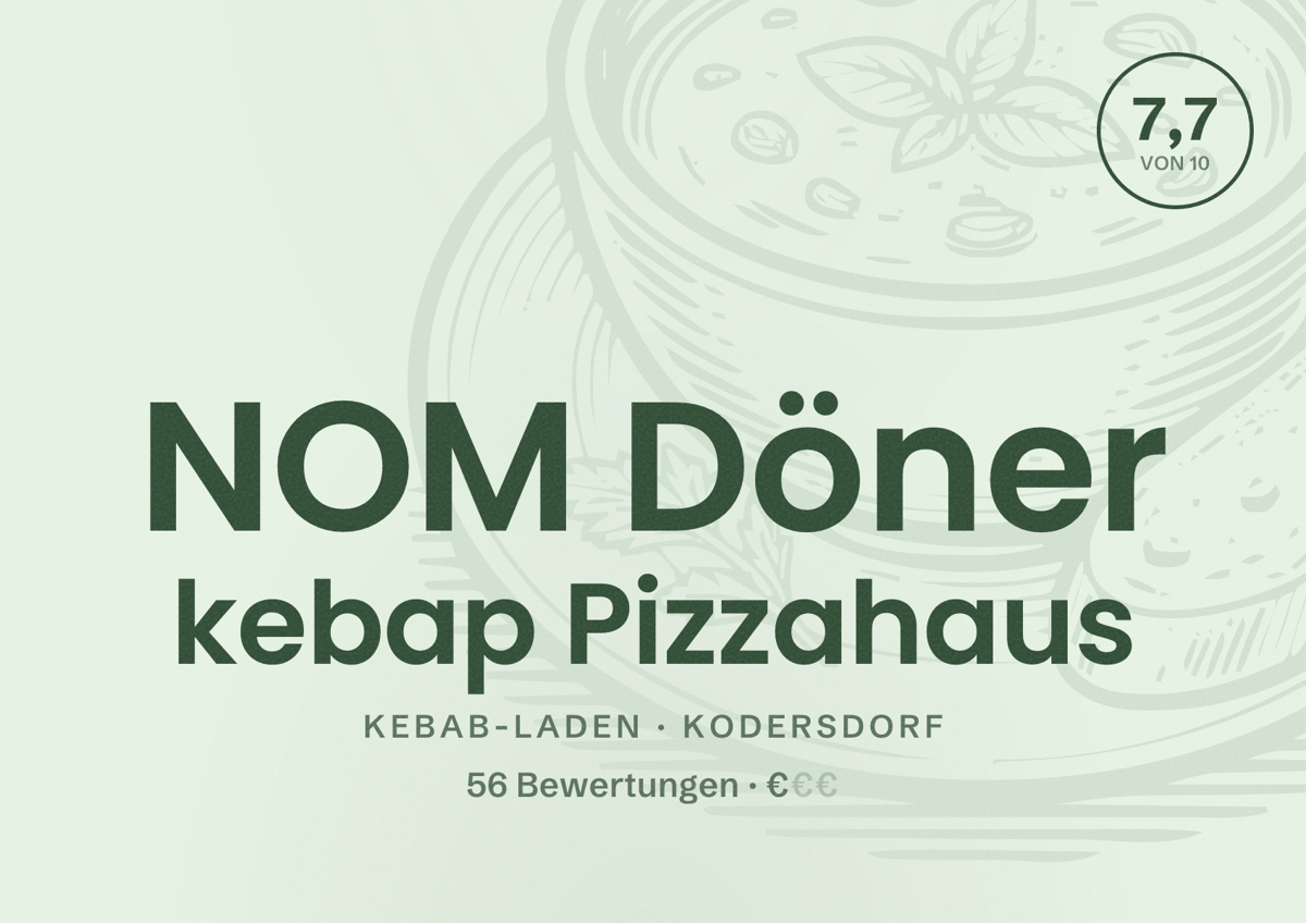 Illustriertes Poster von NOM Döner kebap Pizzahaus, Kebab-Laden in Kodersdorf: Bewertung 7,7 von 10 aus 56 Bewertungen, Preisniveau €