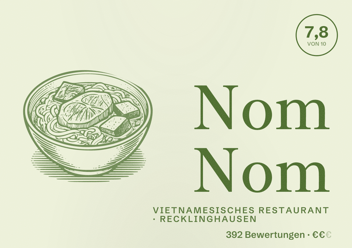 Illustriertes Poster von Nom Nom, Vietnamesisches Restaurant in Recklinghausen: Bewertung 7,8 von 10 aus 392 Bewertungen, Preisniveau €€