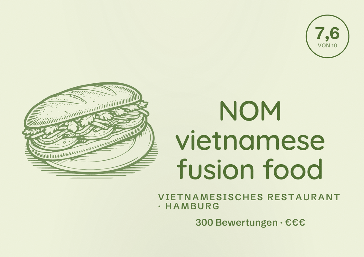 Illustriertes Poster von NOM vietnamese fusion food, Vietnamesisches Restaurant in Hamburg: Bewertung 7,6 von 10 aus 300 Bewertungen, Preisniveau €€€