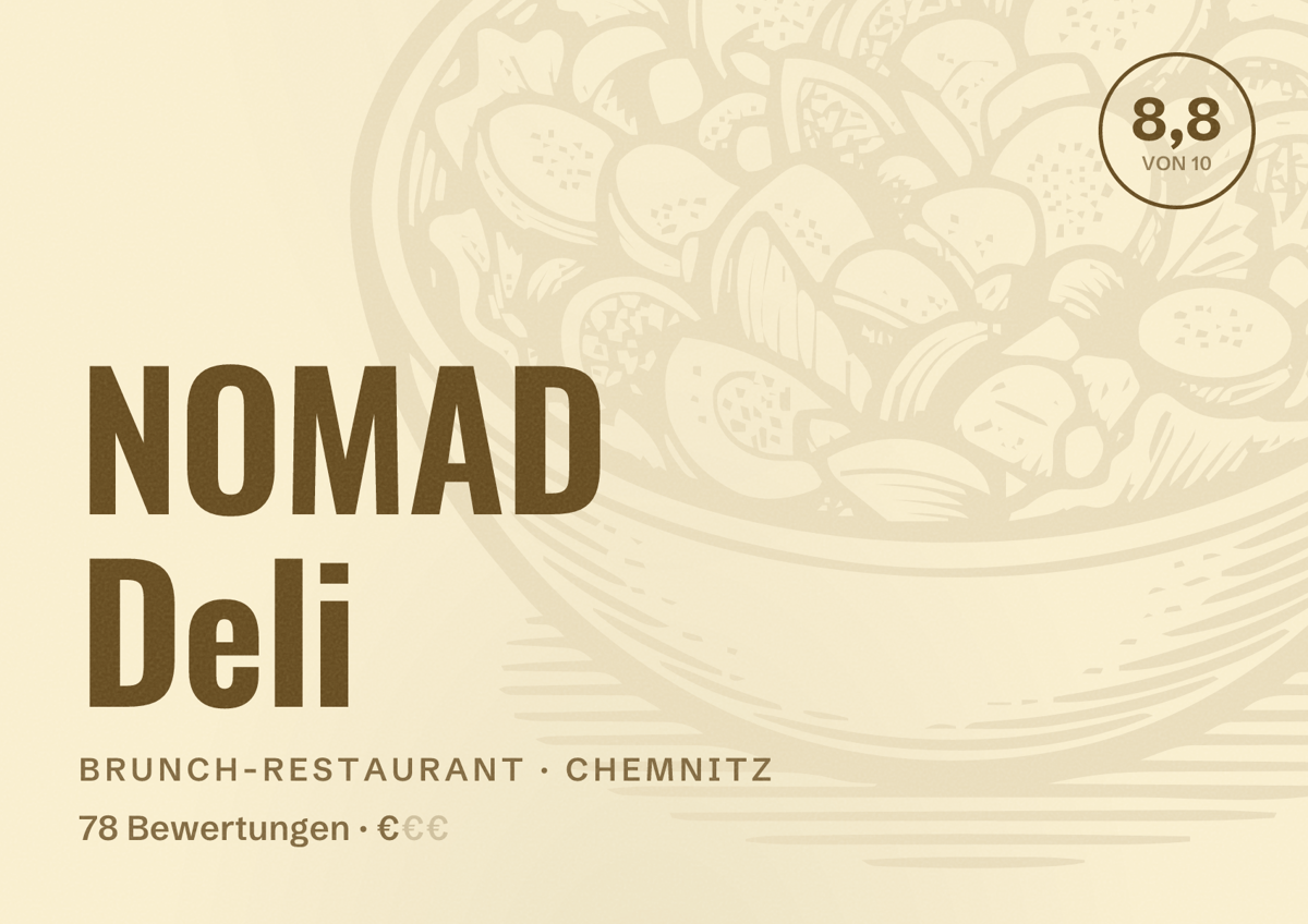 Illustriertes Poster von NOMAD Deli, Brunch-Restaurant in Chemnitz: Bewertung 8,8 von 10 aus 78 Bewertungen, Preisniveau €