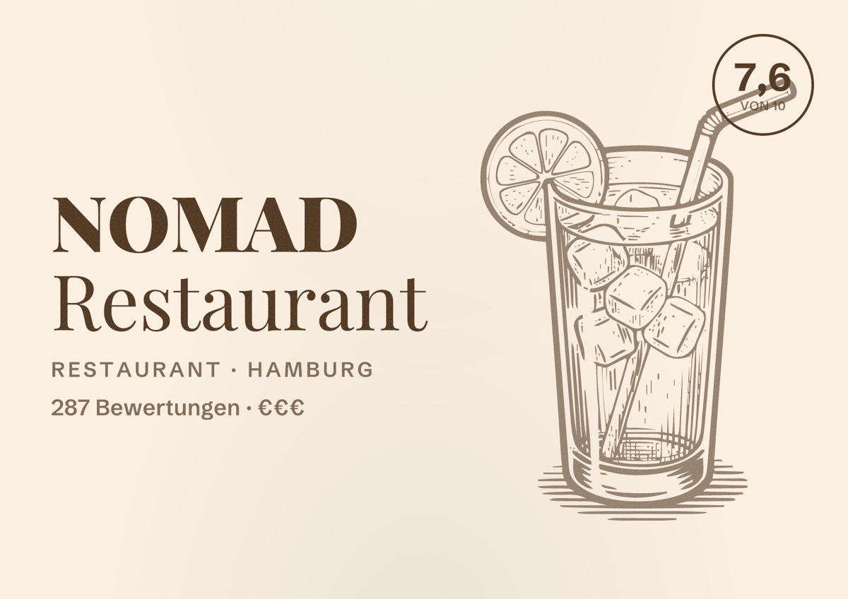 Illustriertes Poster von NOMAD Restaurant, Restaurant in Hamburg: Bewertung 7,6 von 10 aus 287 Bewertungen, Preisniveau €€€