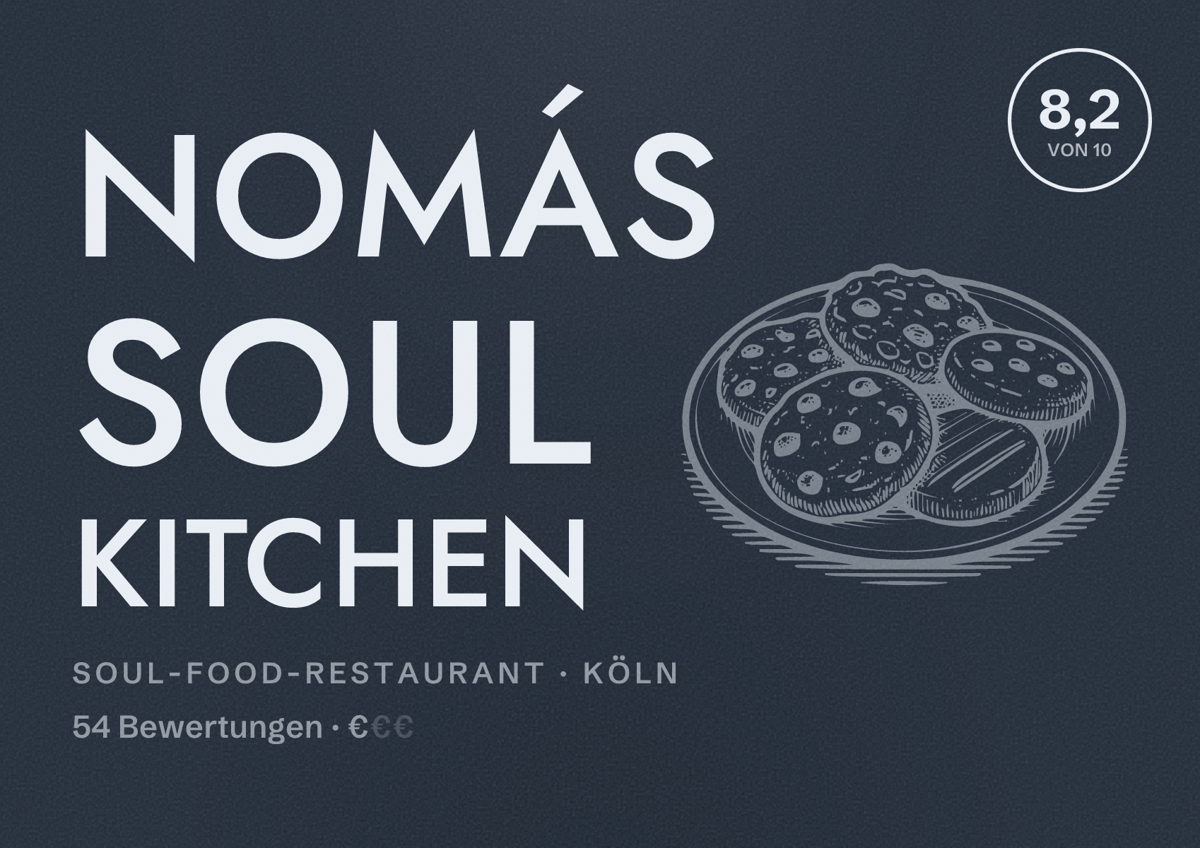Illustriertes Poster von Nomás Soul Kitchen, Soul-Food-Restaurant in Köln: Bewertung 8,2 von 10 aus 54 Bewertungen, Preisniveau €