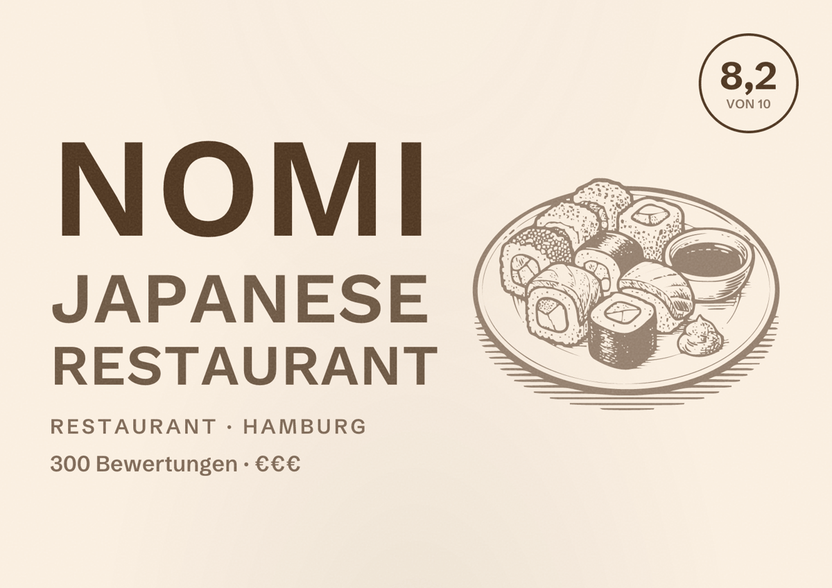 Illustriertes Poster von Nomi Japanese Restaurant, Restaurant in Hamburg: Bewertung 8,2 von 10 aus 300 Bewertungen, Preisniveau €€€