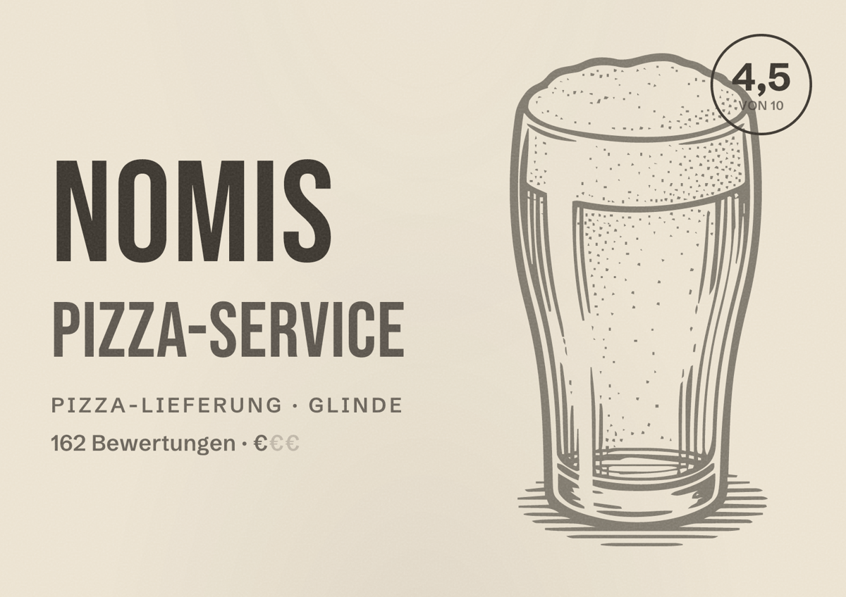 Illustriertes Poster von Nomis Pizza-Service, Pizza-Lieferung in Glinde: Bewertung 4,5 von 10 aus 162 Bewertungen, Preisniveau €