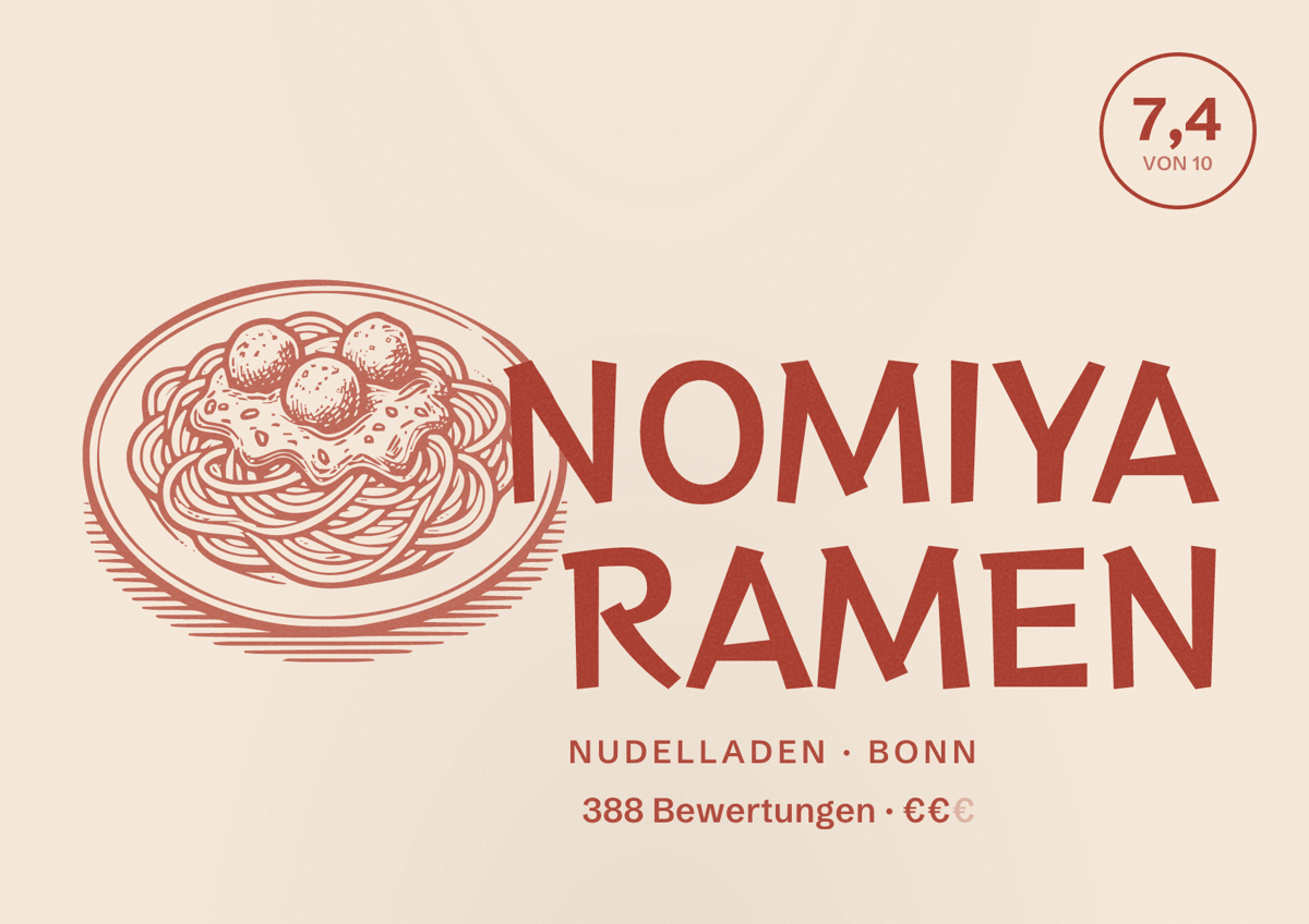 Illustriertes Poster von NOMIYA RAMEN, Nudelladen in Bonn: Bewertung 7,4 von 10 aus 388 Bewertungen, Preisniveau €€