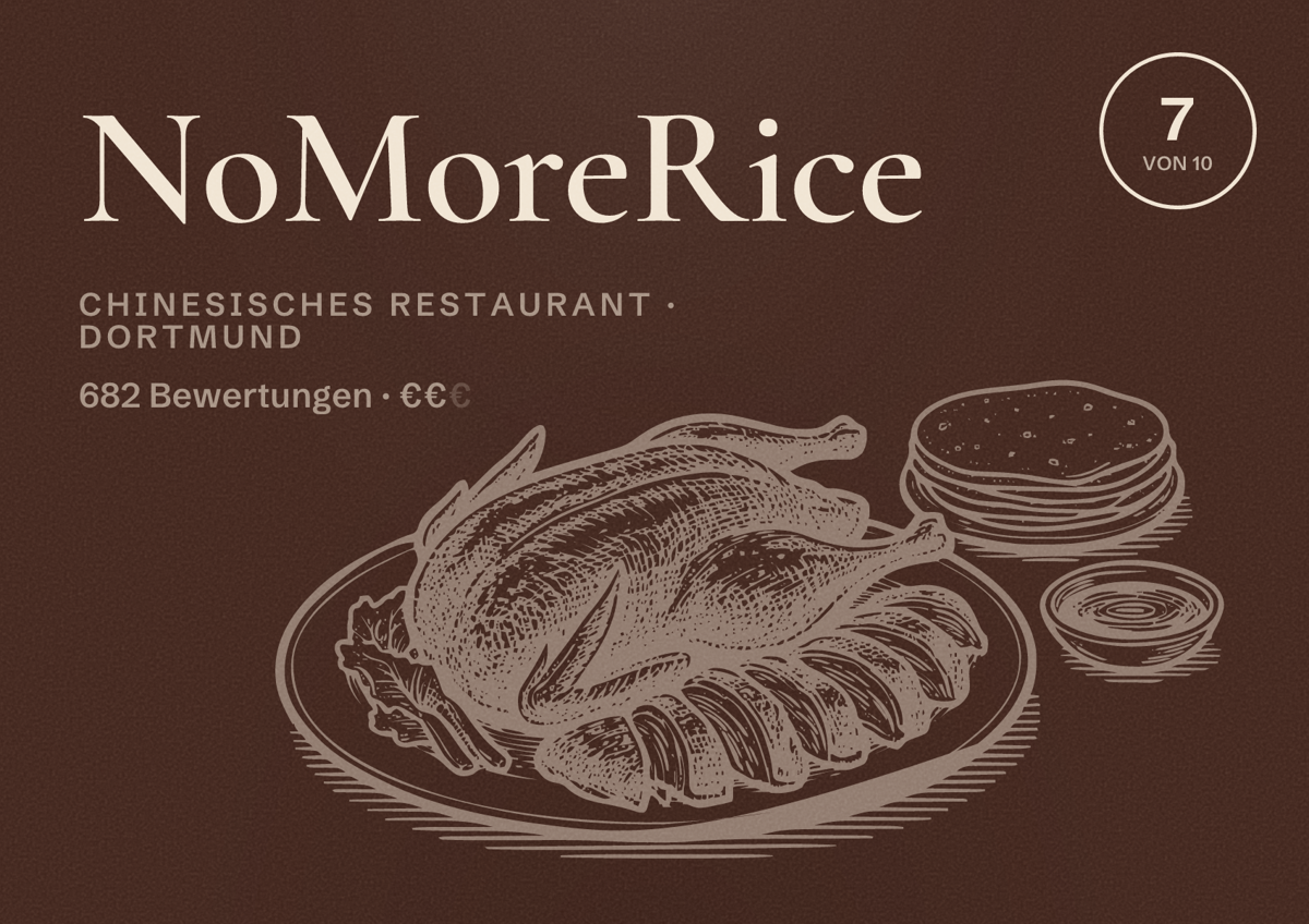 Illustriertes Poster von NoMoreRice, Chinesisches Restaurant in Dortmund: Bewertung 7 von 10 aus 682 Bewertungen, Preisniveau €€