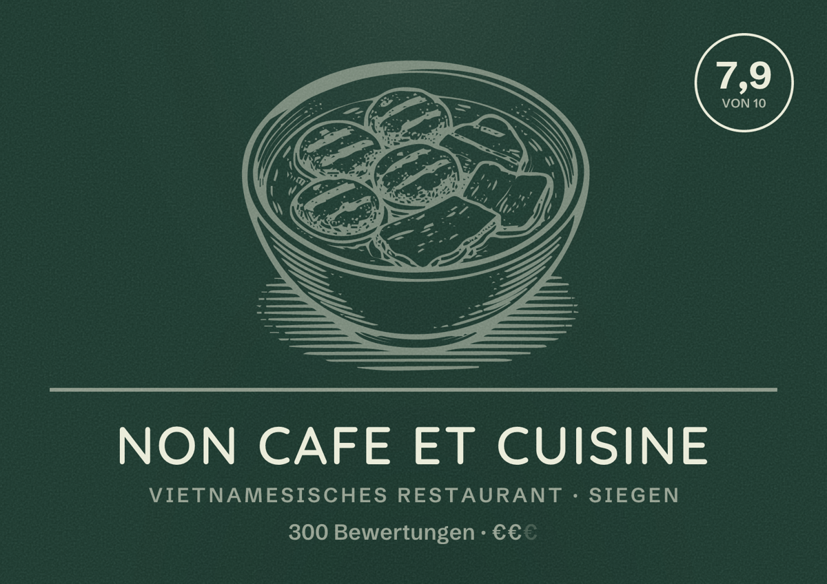 Illustriertes Poster von Non Cafe et Cuisine, Vietnamesisches Restaurant in Siegen: Bewertung 7,9 von 10 aus 300 Bewertungen, Preisniveau €€