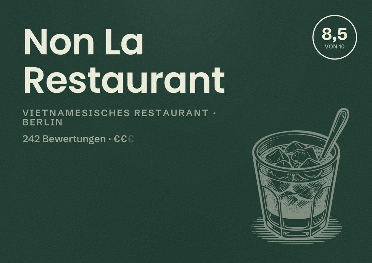 Illustriertes Poster von Non La Restaurant, Vietnamesisches Restaurant in Berlin: Bewertung 8,5 von 10 aus 242 Bewertungen, Preisniveau €€