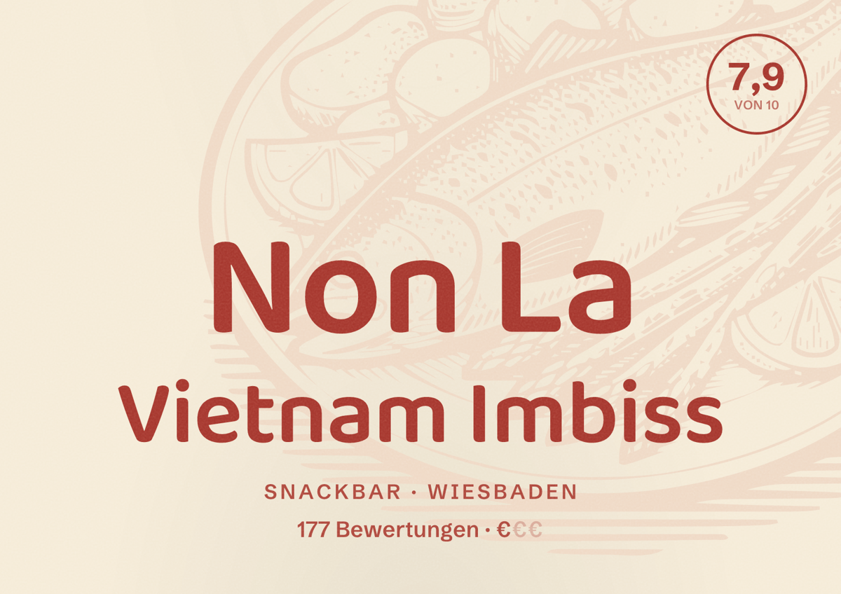 Illustriertes Poster von Non La Vietnam Imbiss, Snackbar in Wiesbaden: Bewertung 7,9 von 10 aus 177 Bewertungen, Preisniveau €