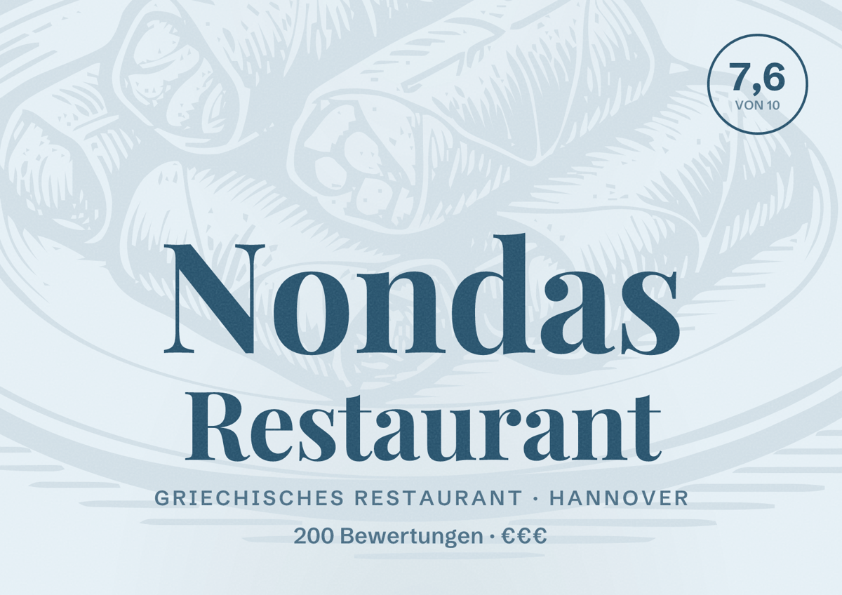 Illustriertes Poster von Nondas Restaurant, Griechisches Restaurant in Hannover: Bewertung 7,6 von 10 aus 200 Bewertungen, Preisniveau €€€