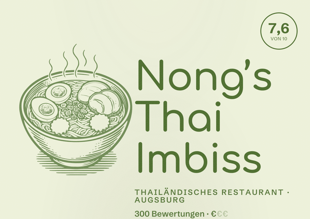 Illustriertes Poster von Nong’s Thai Imbiss, Thailändisches Restaurant in Augsburg: Bewertung 7,6 von 10 aus 300 Bewertungen, Preisniveau €