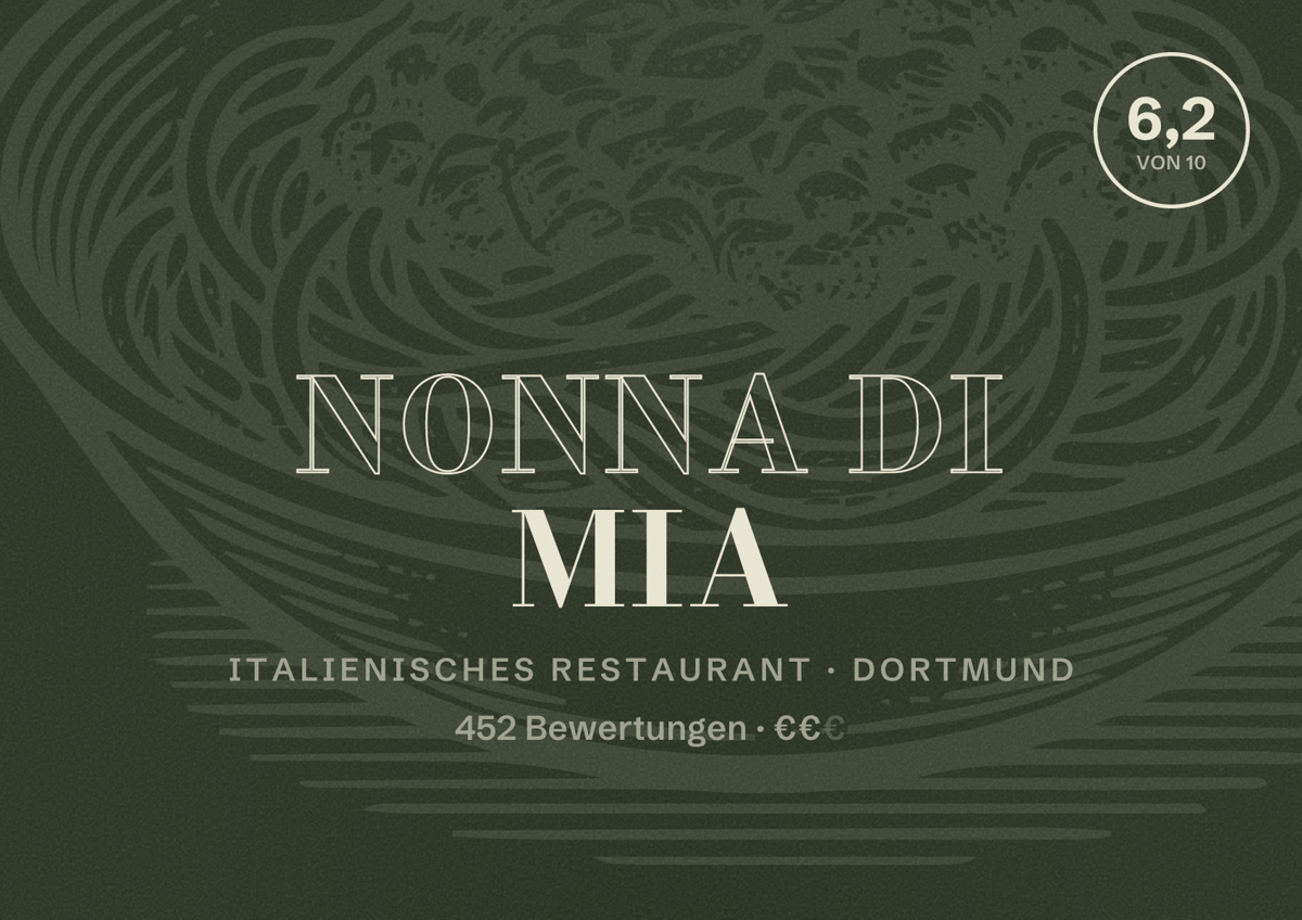 Illustriertes Poster von Nonna di Mia, Italienisches Restaurant in Dortmund: Bewertung 6,2 von 10 aus 452 Bewertungen, Preisniveau €€