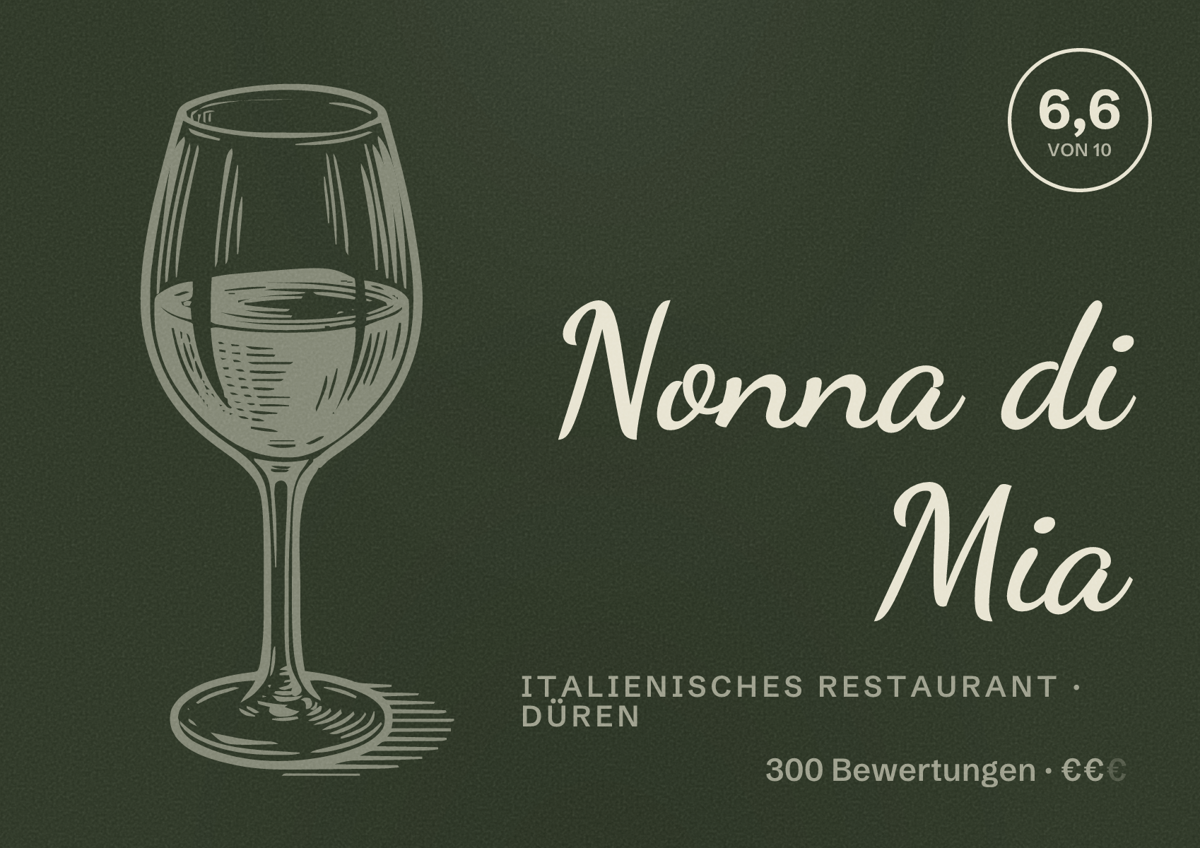 Illustriertes Poster von Nonna di Mia, Italienisches Restaurant in Düren: Bewertung 6,6 von 10 aus 300 Bewertungen, Preisniveau €€