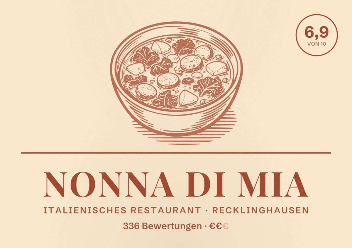 Illustriertes Poster von Nonna di Mia, Italienisches Restaurant in Recklinghausen: Bewertung 6,9 von 10 aus 336 Bewertungen, Preisniveau €€