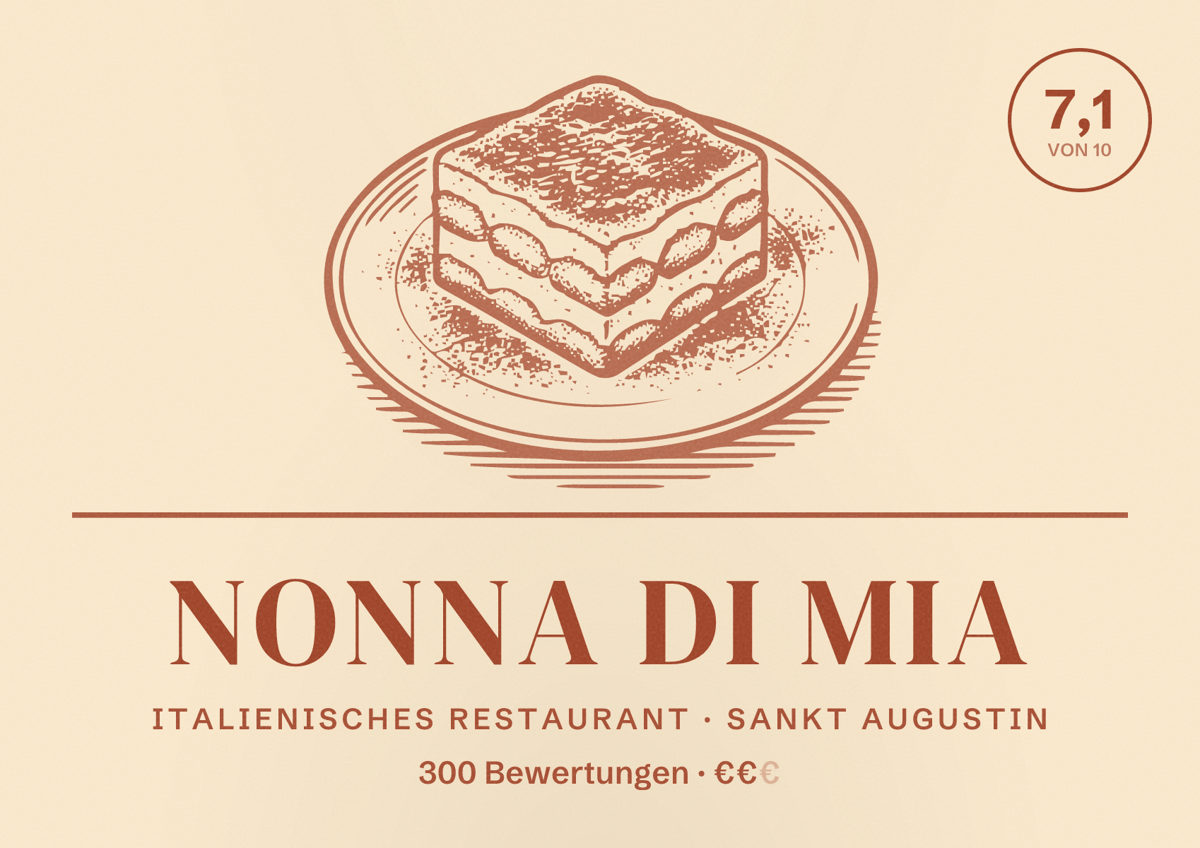 Illustriertes Poster von Nonna di Mia, Italienisches Restaurant in Sankt Augustin: Bewertung 7,1 von 10 aus 300 Bewertungen, Preisniveau €€