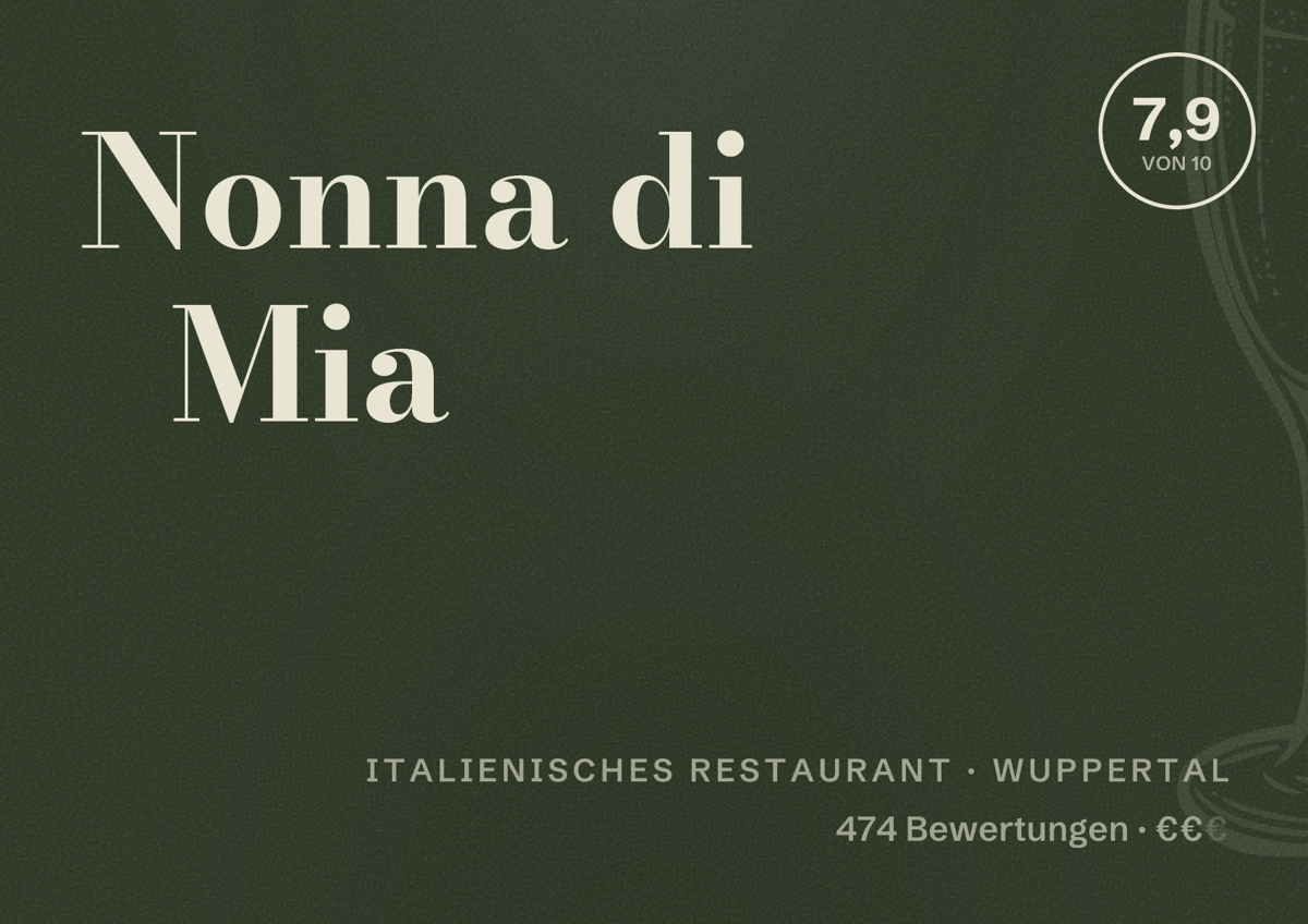 Illustriertes Poster von Nonna di Mia, Italienisches Restaurant in Wuppertal: Gästebewertung 7,9 von 10 aus 474 Bewertungen