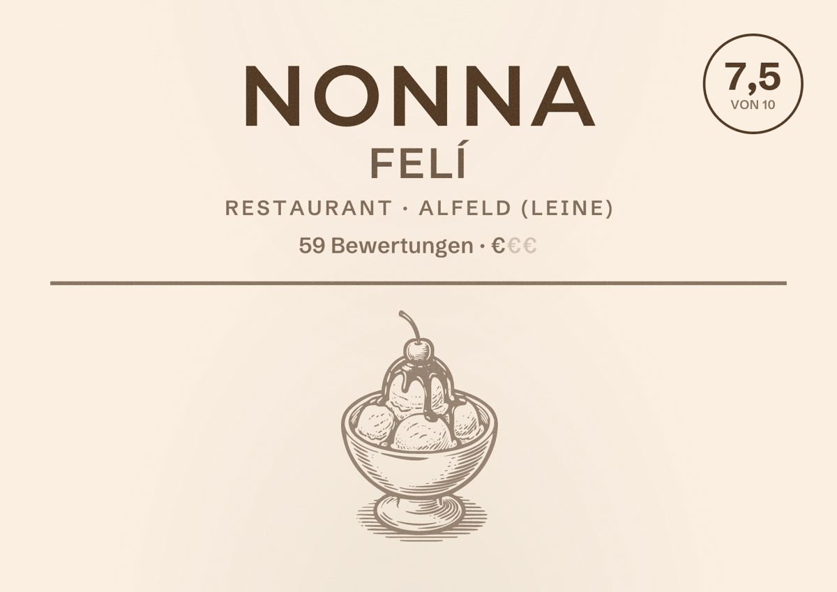 Illustriertes Poster von Nonna Felí, Restaurant in Alfeld (Leine): Bewertung 7,5 von 10 aus 59 Bewertungen, Preisniveau €