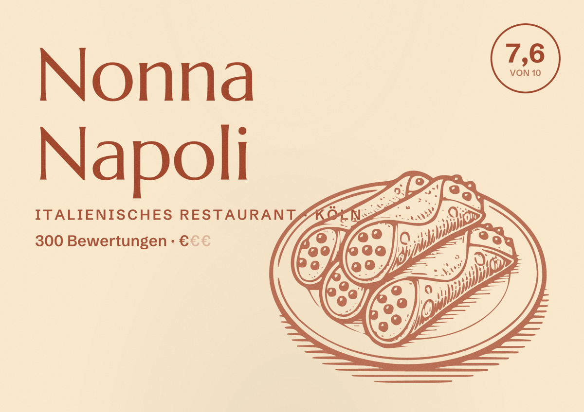 Illustriertes Poster von Nonna Napoli, Italienisches Restaurant in Köln: Bewertung 7,6 von 10 aus 300 Bewertungen, Preisniveau €