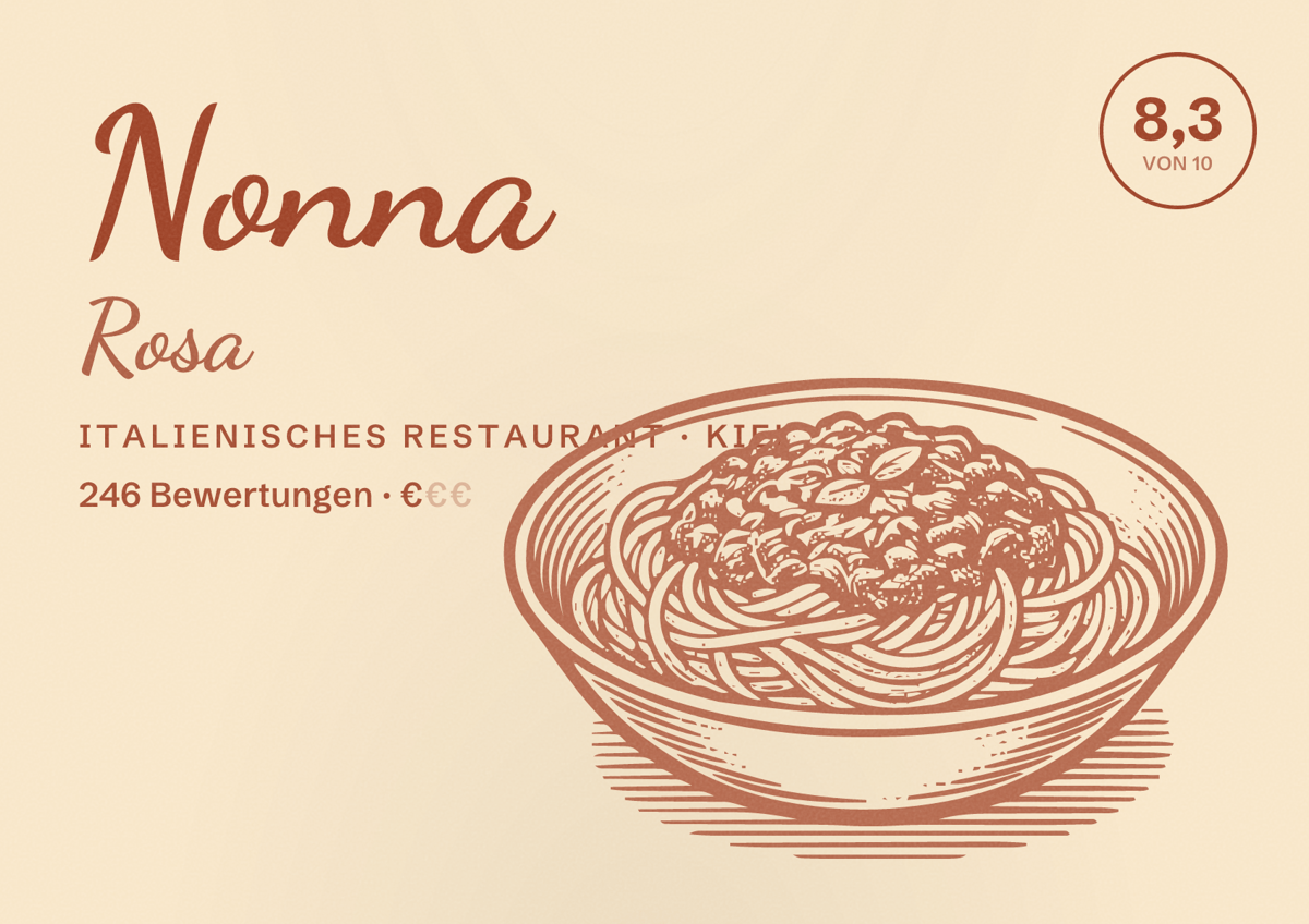Illustriertes Poster von Nonna Rosa, Italienisches Restaurant in Kiel: Bewertung 8,3 von 10 aus 246 Bewertungen, Preisniveau €