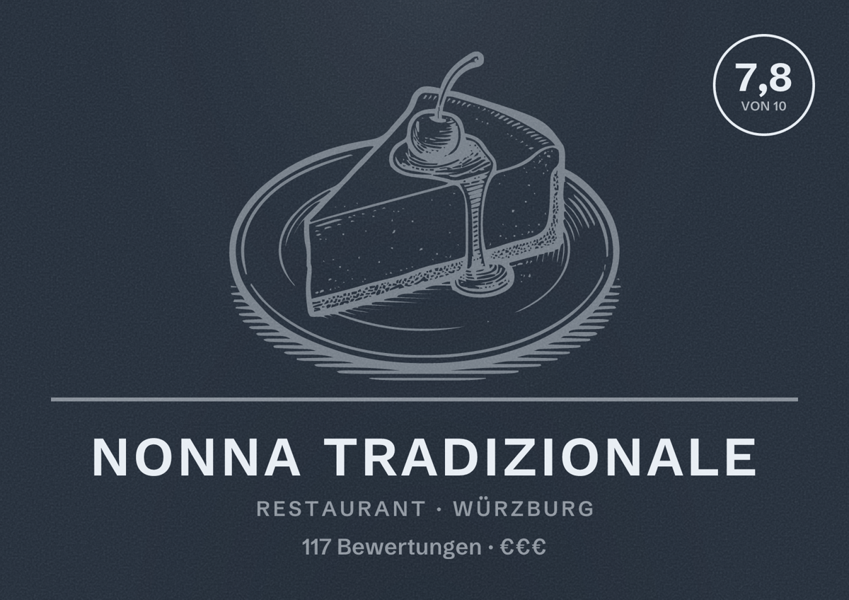Illustriertes Poster von nonna tradizionale, Restaurant in Würzburg: Bewertung 7,8 von 10 aus 117 Bewertungen, Preisniveau €€€