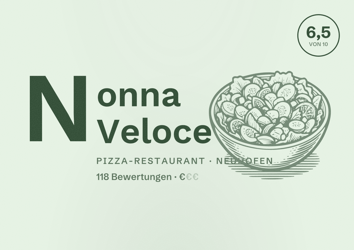 Illustriertes Poster von Nonna Veloce, Pizza-Restaurant in Neuhofen: Bewertung 6,5 von 10 aus 118 Bewertungen, Preisniveau €