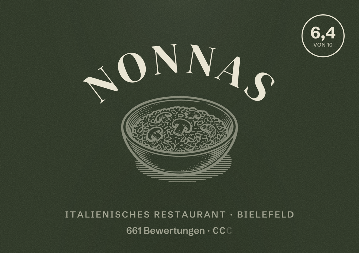 Illustriertes Poster von nonnas, Italienisches Restaurant in Bielefeld: Bewertung 6,4 von 10 aus 661 Bewertungen, Preisniveau €€