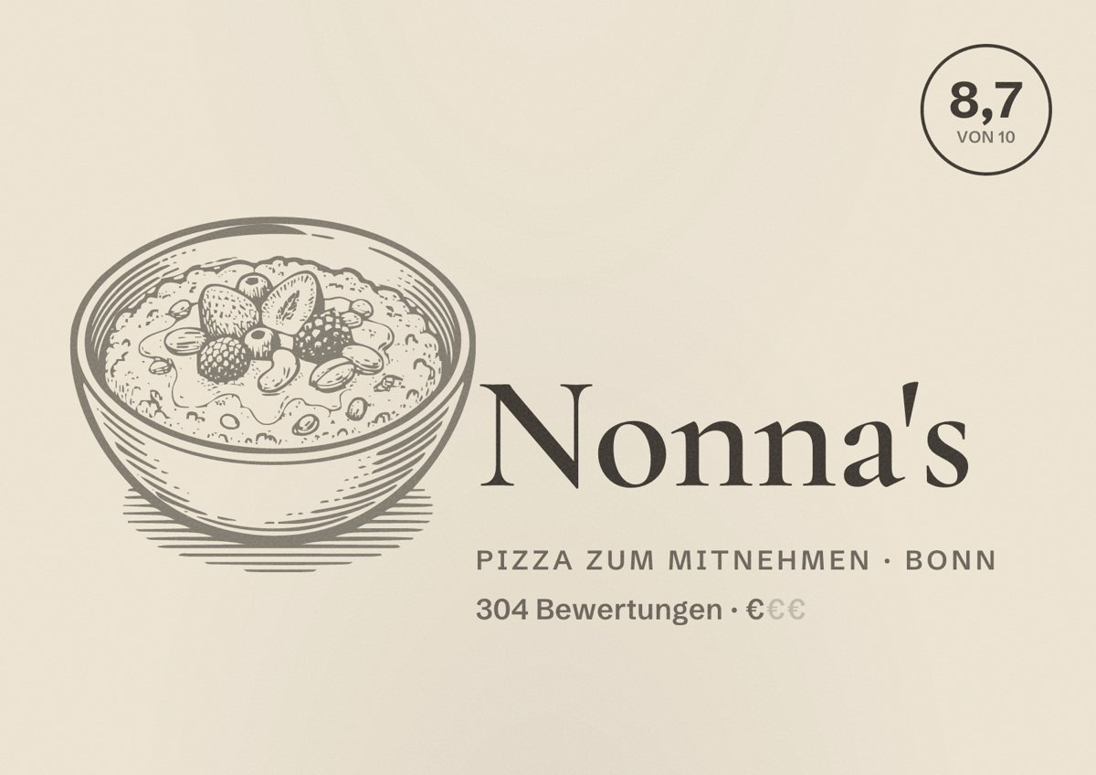 Illustriertes Poster von Nonna's, Pizza zum Mitnehmen in Bonn: Bewertung 8,7 von 10 aus 304 Bewertungen, Preisniveau €