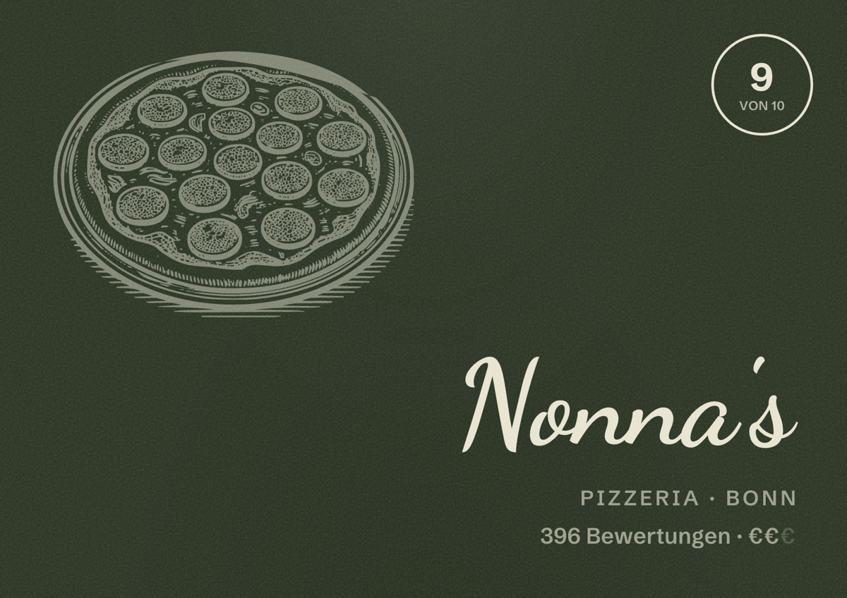 Illustriertes Poster von Nonna's, Pizzeria in Bonn: Bewertung 9 von 10 aus 396 Bewertungen, Preisniveau €€