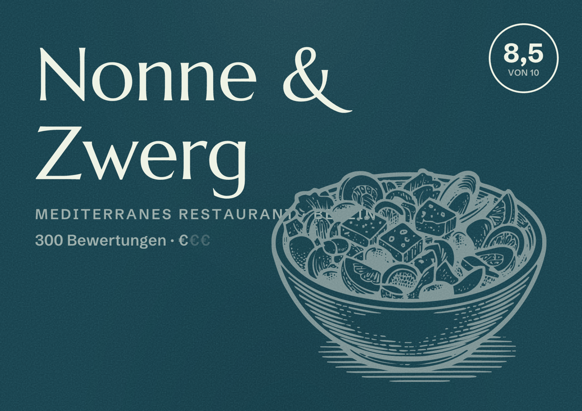 Illustriertes Poster von Nonne & Zwerg, Mediterranes Restaurant in Berlin: Bewertung 8,5 von 10 aus 300 Bewertungen, Preisniveau €