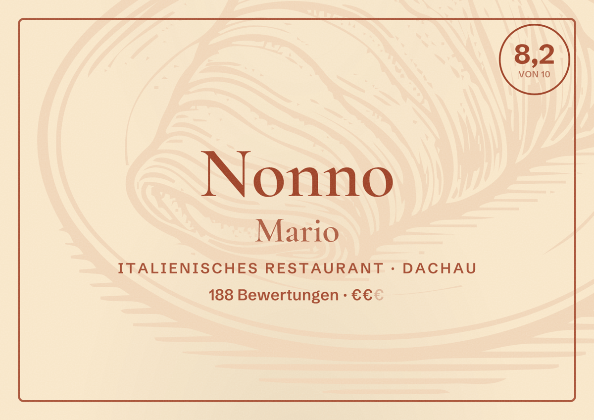 Illustriertes Poster von Nonno Mario, Italienisches Restaurant in Dachau: Bewertung 8,2 von 10 aus 188 Bewertungen, Preisniveau €€