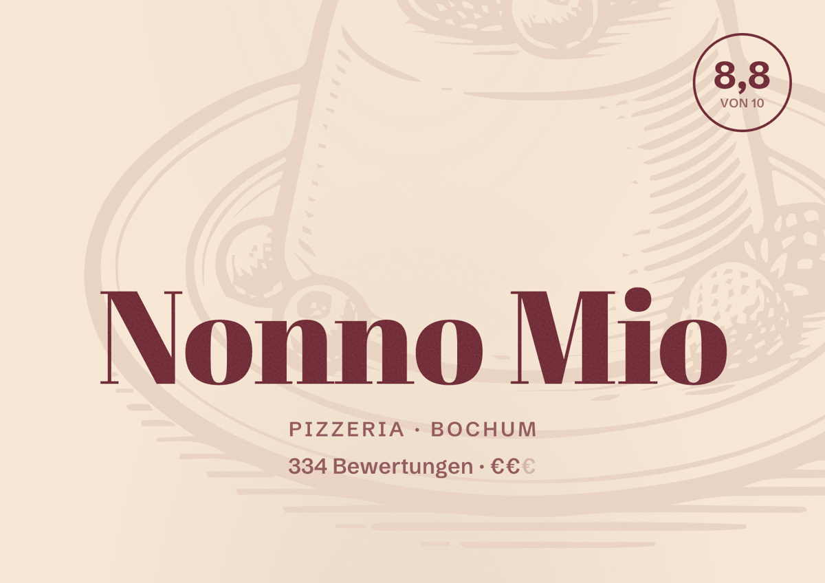 Illustriertes Poster von Nonno Mio, Pizzeria in Bochum: Bewertung 8,8 von 10 aus 334 Bewertungen, Preisniveau €€