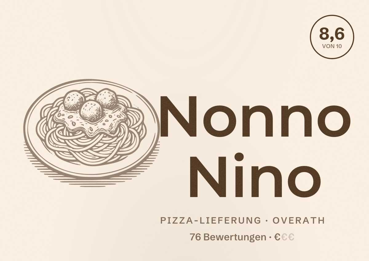 Illustriertes Poster von Nonno Nino, Pizza-Lieferung in Overath: Bewertung 8,6 von 10 aus 76 Bewertungen, Preisniveau €