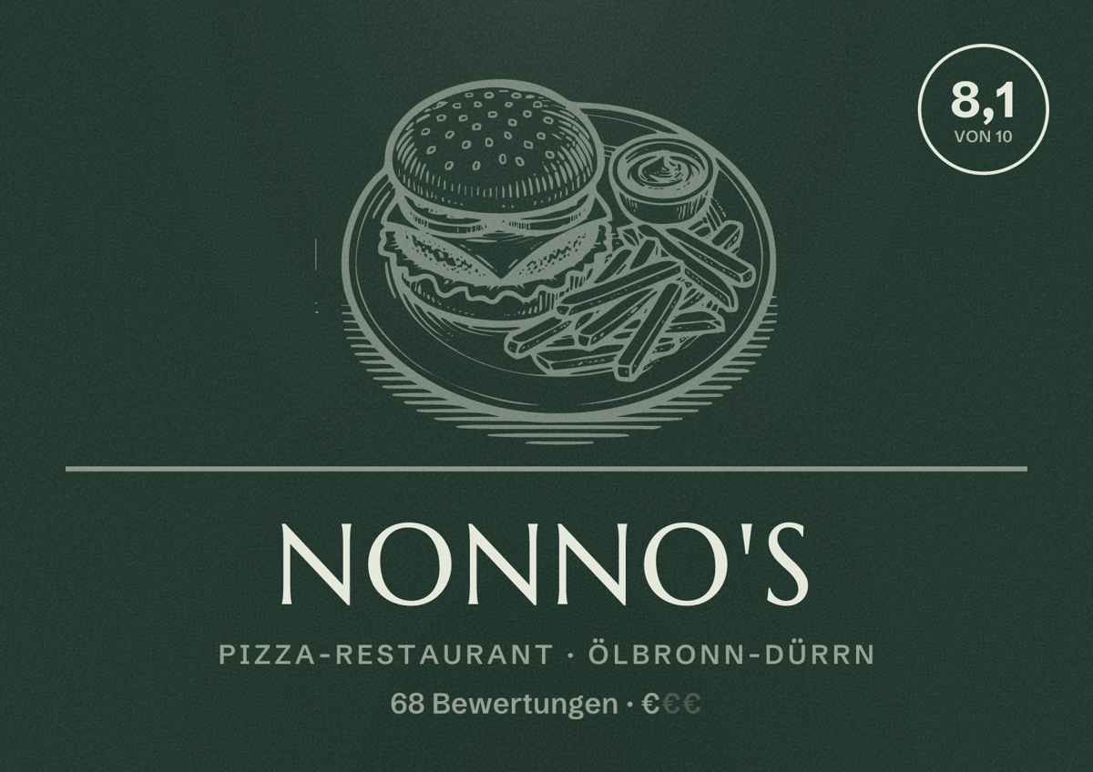 Illustriertes Poster von Nonno's, Pizza-Restaurant in Ölbronn-Dürrn: Bewertung 8,1 von 10 aus 68 Bewertungen, Preisniveau €