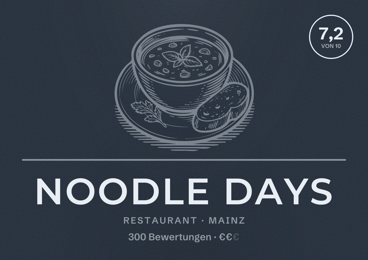 Illustriertes Poster von Noodle Days, Restaurant in Mainz: Bewertung 7,2 von 10 aus 300 Bewertungen, Preisniveau €€