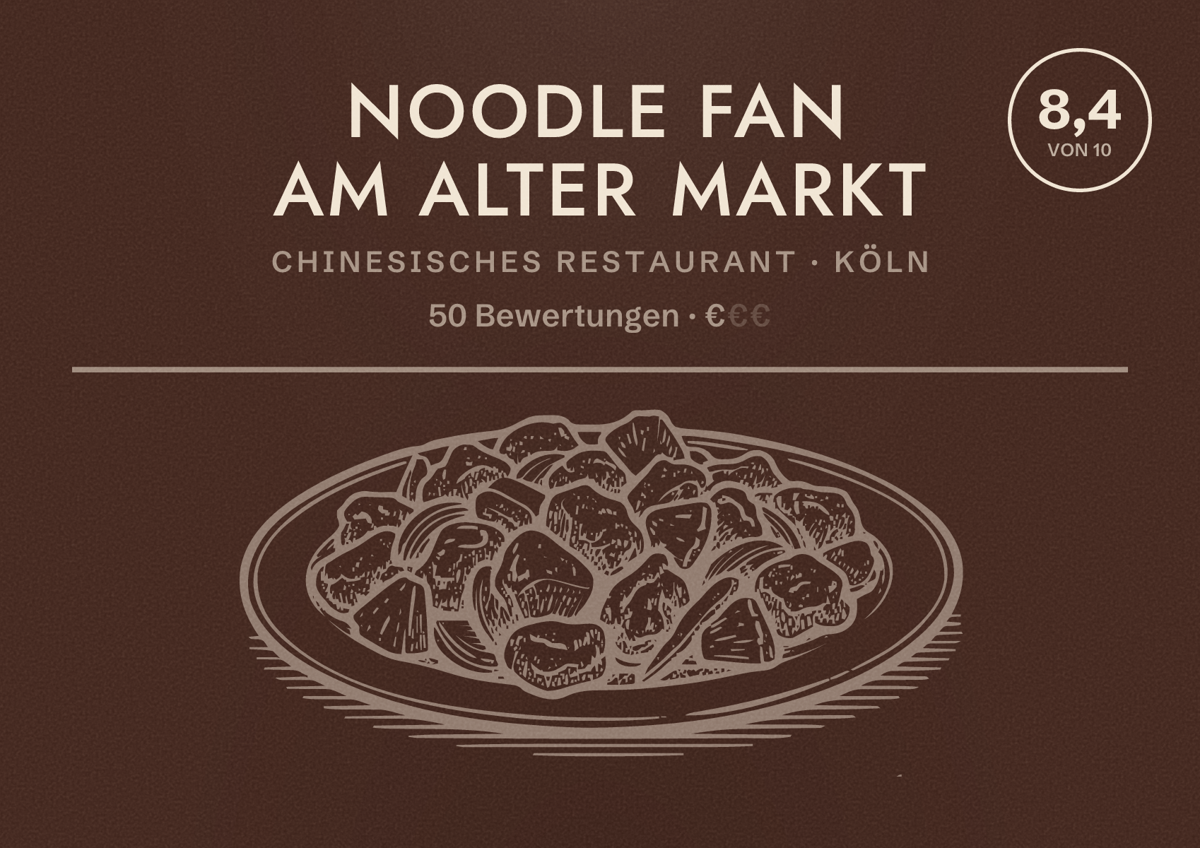 Illustriertes Poster von Noodle Fan am Alter Markt, Chinesisches Restaurant in Köln: Bewertung 8,4 von 10 aus 50 Bewertungen, Preisniveau €