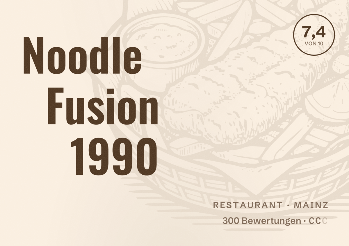 Illustriertes Poster von Noodle Fusion 1990, Restaurant in Mainz: Bewertung 7,4 von 10 aus 300 Bewertungen, Preisniveau €€