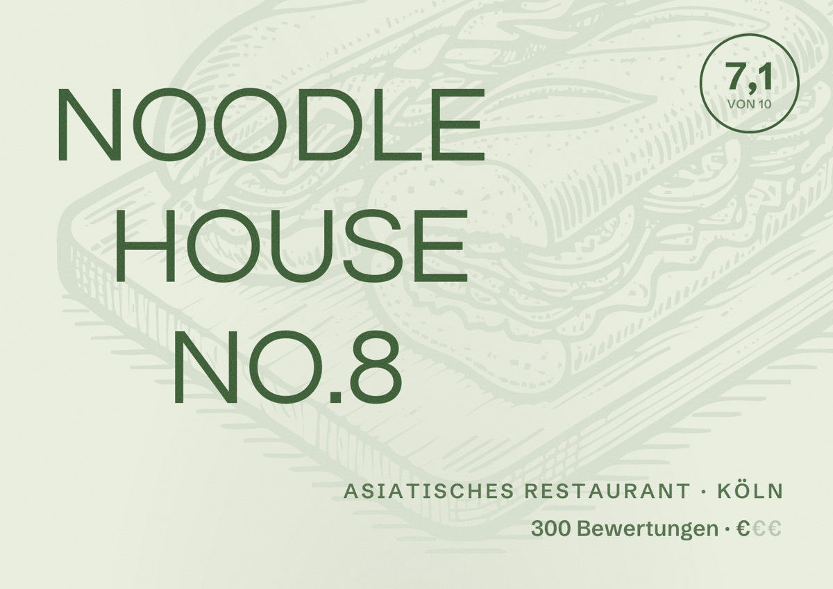 Illustriertes Poster von NOODLE HOUSE NO.8, Asiatisches Restaurant in Köln: Bewertung 7,1 von 10 aus 300 Bewertungen, Preisniveau €